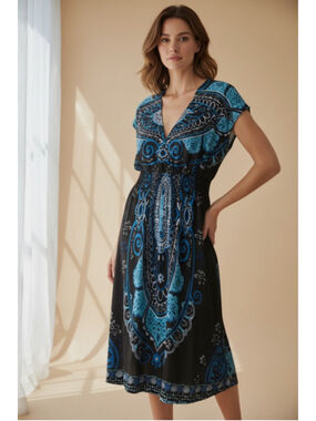 Y2K Boho Paisley Midi Dress 💙 Flowy Vacation Goddess Size M